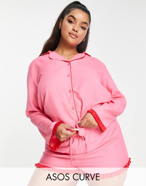 ASOS DESIGN Curve mix & match modal pajama pants with contrast frill in  pink & red