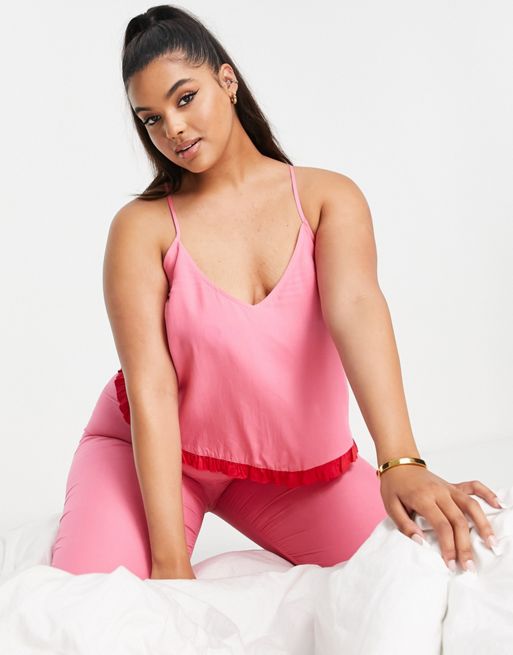 ASOS DESIGN Petite modal cami & trouser pyjama set with contrast frill in  pink & red