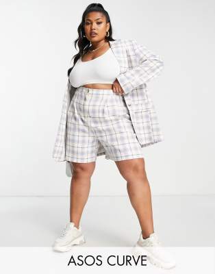 ASOS DESIGN Curve Mix & Match mom suit short in blue check - ASOS Price Checker