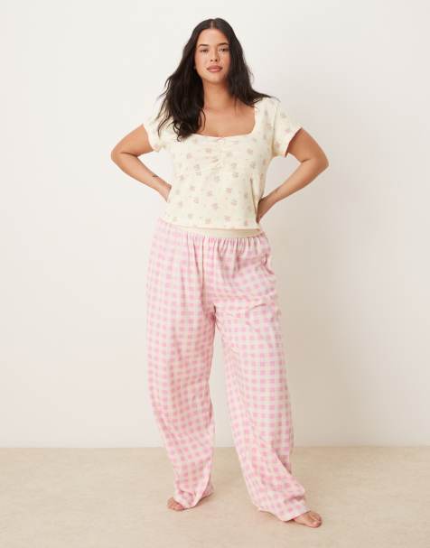 ASOS DESIGN Curve mix & match pajama pants with exposed waistband in pink gingham - view 1