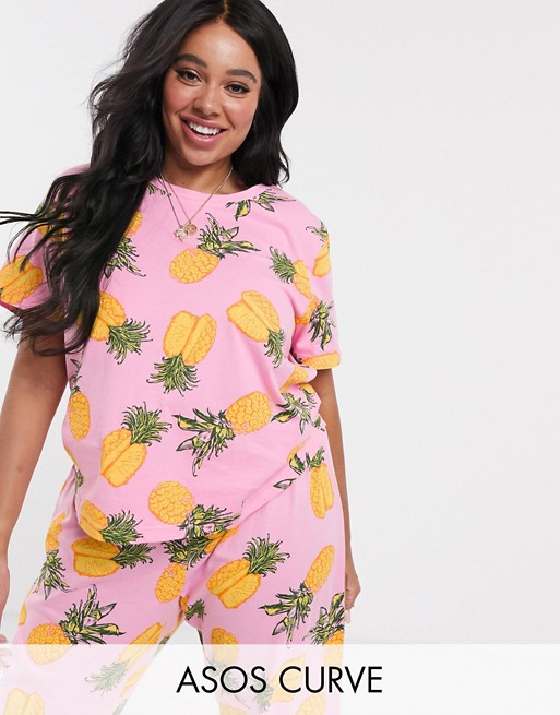 ASOS DESIGN Curve mix & match pineapple print jersey pyjama tee