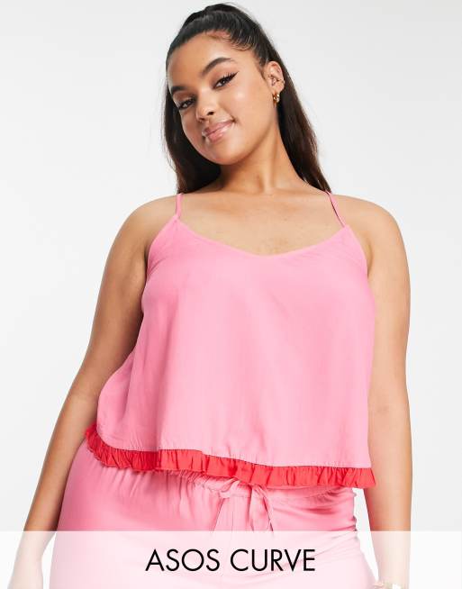 ASOS DESIGN Curve – Mix & Match – Pyjama-Camisole aus Modal in Rosa mit farblich abgesetzten Rüschen in Rot