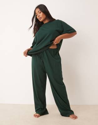 ASOS DESIGN Curve - Mix & Match - Pyjama-Hose aus Baumwolle in Tannengrün-Rot