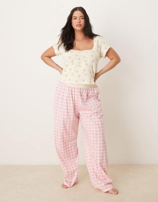 ASOS DESIGN Curve - Mix & Match - Pyjama-Hose mit freiliegendem Taillenbund und rosa Vichy-Karo-Bunt