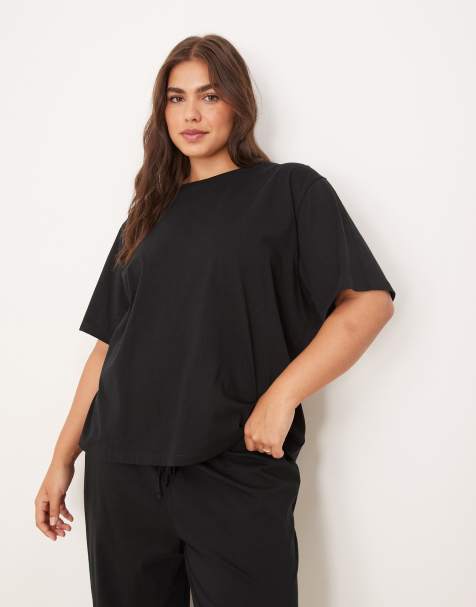ASOS DESIGN Curve – Mix & Match – Pyjama-T-Shirt aus Baumwolle in Schwarz mit Oversize-Passform - view 1