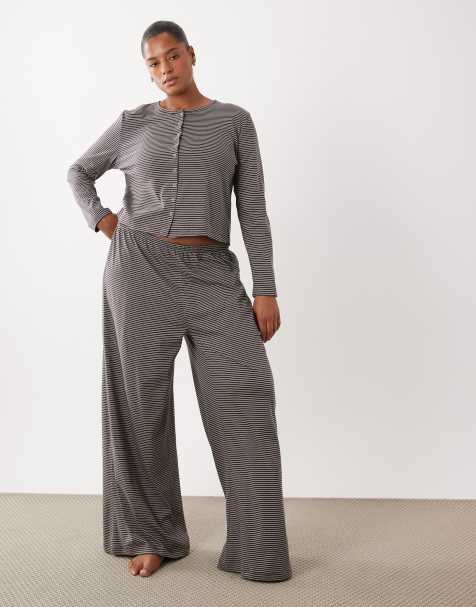 ASOS DESIGN Curve mix & match pyjama trouser in brown stripe - view 1