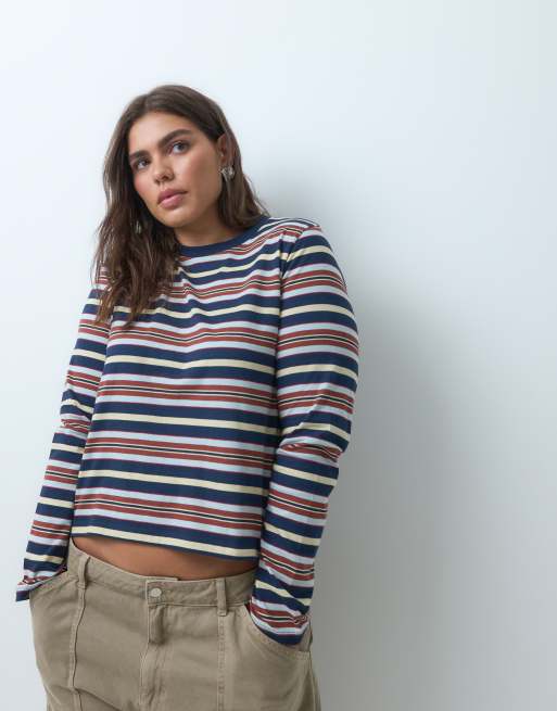 ASOS DESIGN Curve mix & match pyjamatop med lange ærmer i blå og brune striber, 5 af 5