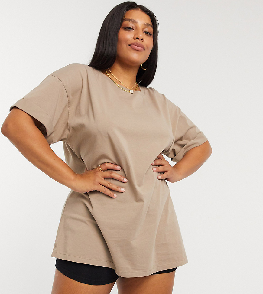 ASOS DESIGN Curve mix & match relaxed t-shirt with roll sleeve in mushroom matching set-Beige