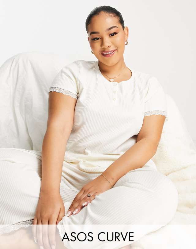 ASOS DESIGN Curve mix & match rib & lace button front pajama top in cream