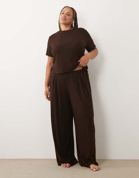 ASOS Design Curve mix & match rib loungewear set in Chocolate - view 1