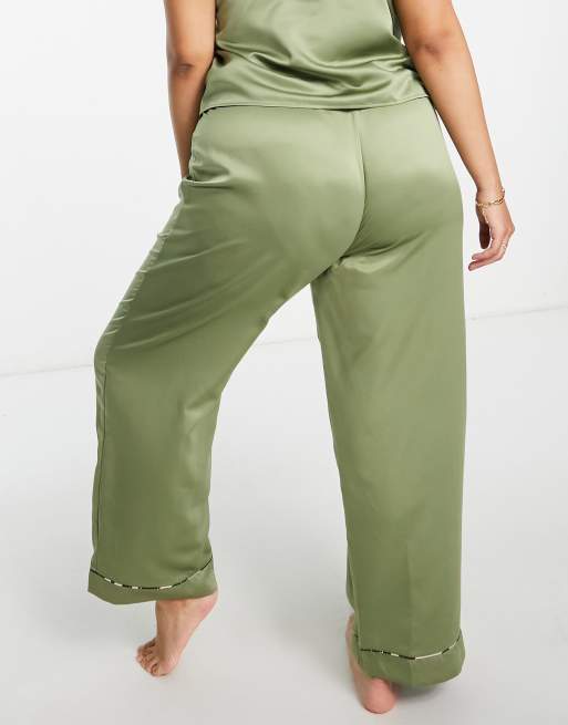 ASOS DESIGN Curve mix & match satin pyjama pants with animal print piping in olive, 2 of 4