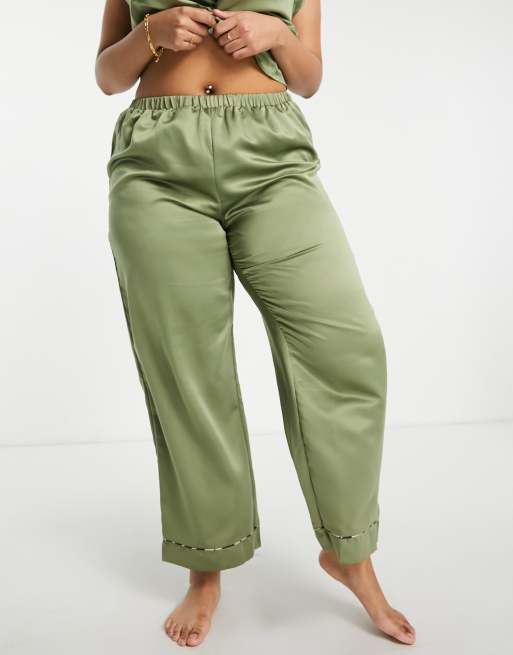 ASOS DESIGN Curve mix & match satin pyjama trouser with animal print piping in olive, 4 of 4