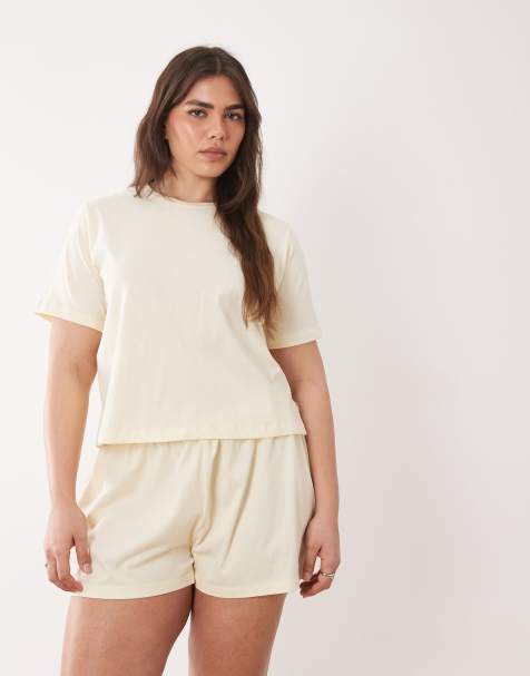 ASOS DESIGN Curve mix & match side split pyjama tee in buttermilk - view 1