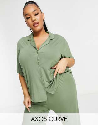 ASOS DESIGN Curve mix & match soft pajama shirt in khaki