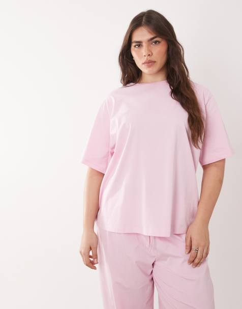 ASOS DESIGN Curve - Mix & Match - T-shirt del pigiama oversize in cotone rosa caramella - view 1