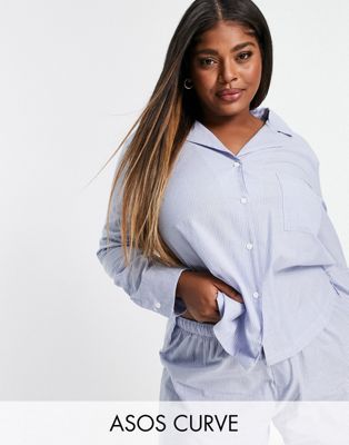 ASOS DESIGN Curve mix & match traditional cotton stripe pyjama shirt in blue & white - ASOS Price Checker