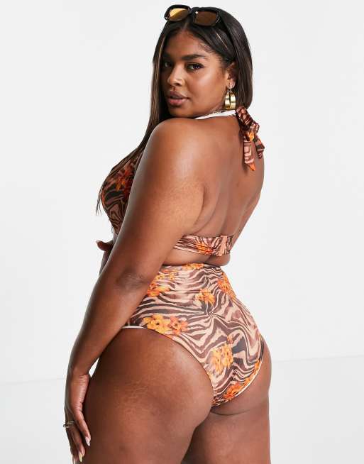 ASOS DESIGN Curve - Mix og match - Bikinitop med halterneck og dyb udskæring i tropisk zebraprint , 2 af 4