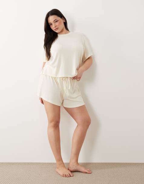 ASOS DESIGN Curve - Mix og match - Elfenbenshvid ribstrikket pyjamas - view 1