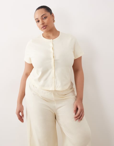 ASOS DESIGN Curve - Mix og match - Kærnemælksgul pyjamas-cardigan med korte ærmer og knapper - view 1