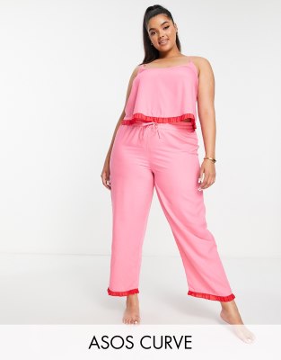 ASOS DESIGN Curve - Mix og match - Pink pyjamasbukser i modal med røde flæser