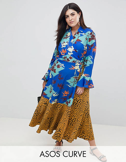 ASOS DESIGN Curve Mix Print Wrap Maxi Dress With Fluted Sleeve