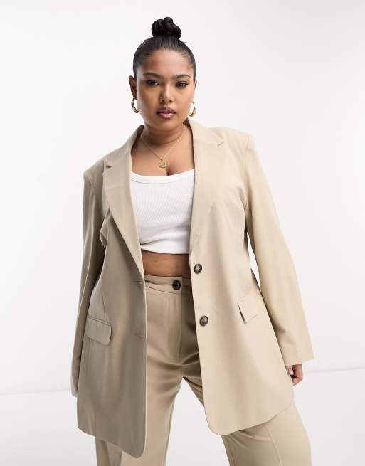 ASOS DESIGN Curve – Mixa & matcha – Neutral kavaj i boy-modell med smal passform