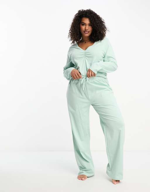 ASOS DESIGN Curve – Mixa & matcha – Salviagröna pyjamasbyxor i bomull