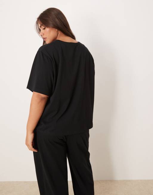 ASOS DESIGN Curve – Mixa & matcha – Svart pyjamas-t-shirt i bomull och oversize, 4 av 4