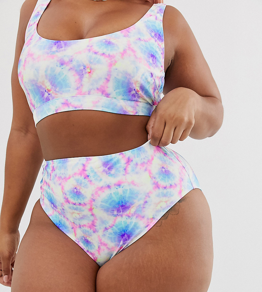 ASOS DESIGN Curve – Mixa och matcha – Batikmönstrad bikiniunderdel med hög midja i neon-Flerfärgad