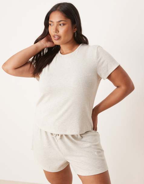 ASOS DESIGN Curve – Mixa och matcha – Beige, ribbad t-shirt i oversize till pyjamas med sidoslits - view 1