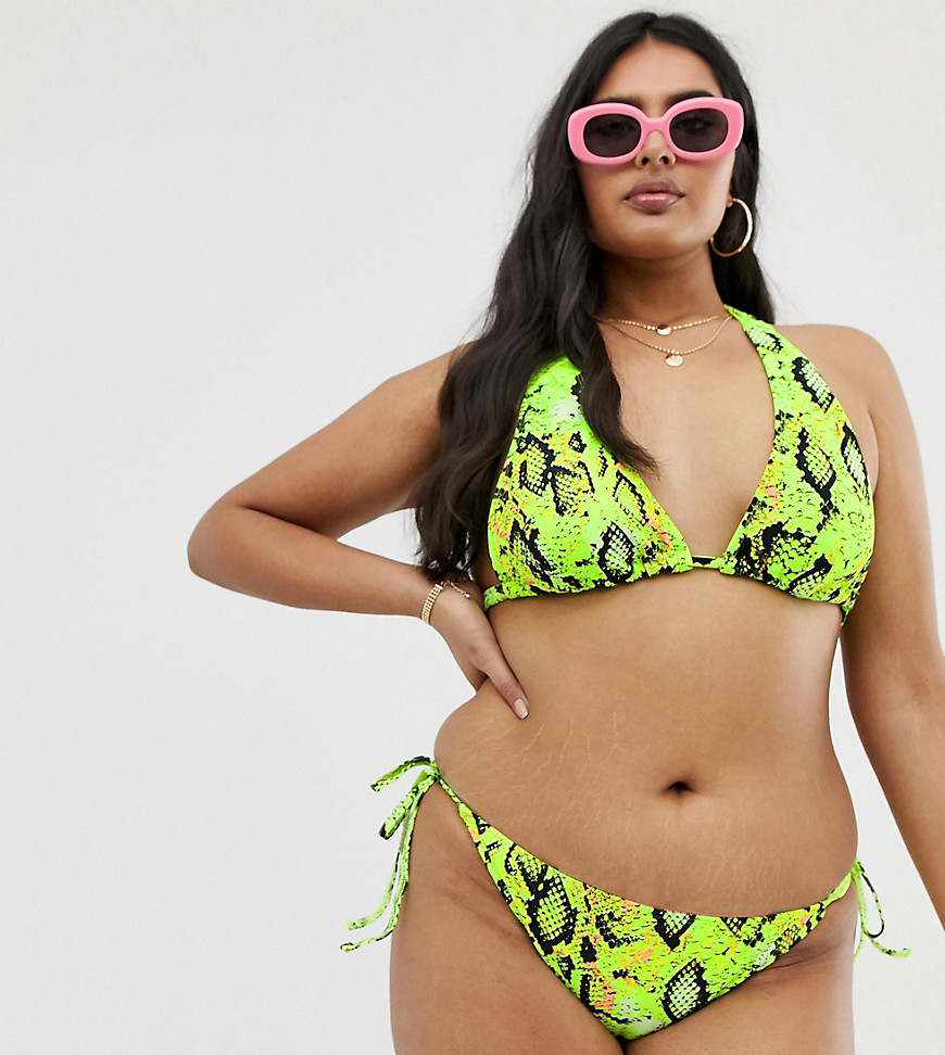 ASOS DESIGN Curve – Mixa och matcha – Bikiniunderdel med knytning i sidan och ormskinnsmönster i neon-Grön