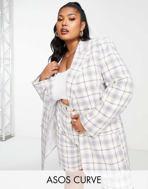 ASOS DESIGN Curve – Mixa och matcha – Blårutig kavaj i boy-modell med smal passform