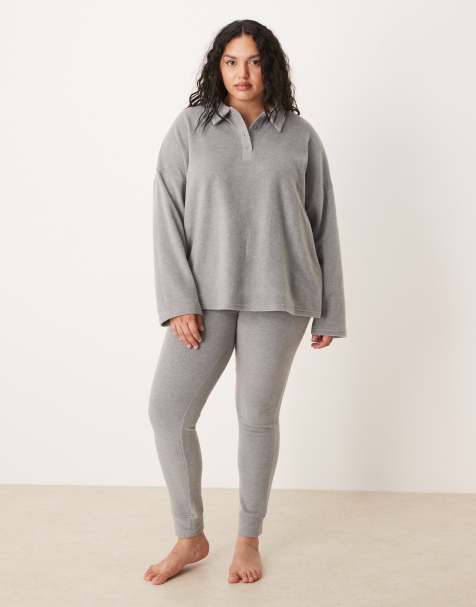 ASOS DESIGN Curve – Mixa och matcha – Ljusgrått, tunt loungewearset i fleece - view 1