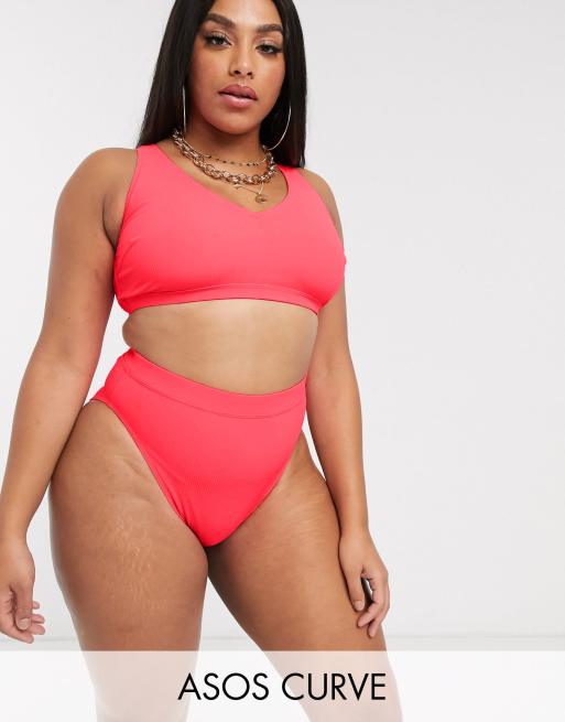 ASOS DESIGN – Curve – Mixa och matcha – Röd, ribbad bikiniunderdel med hög benskärning och hög midja