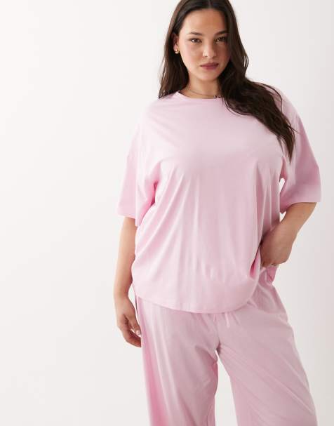ASOS DESIGN Curve – Mixa och matcha – Rosa pyjamas-t-shirt i bomull och oversize - view 1