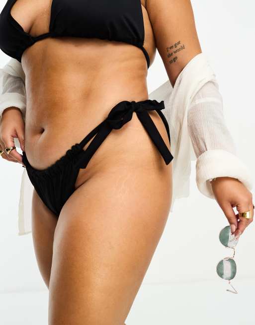 ASOS DESIGN Curve – Mixa och matcha – Svart bikiniunderdel med hög benskärning, rynkning och knytning i sidan 