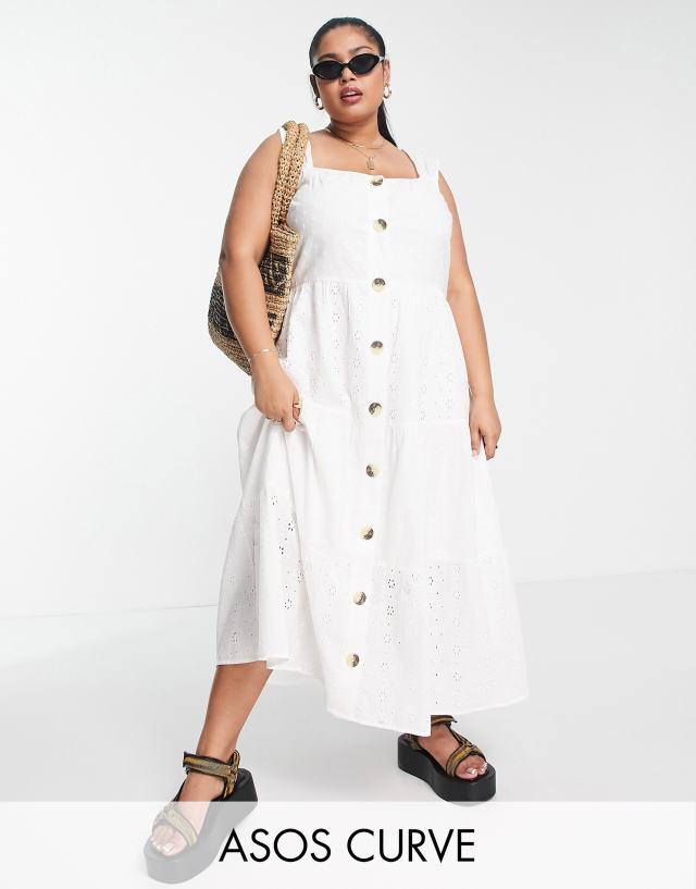 ASOS DESIGN Curve mixed eyelet midi sundress in white