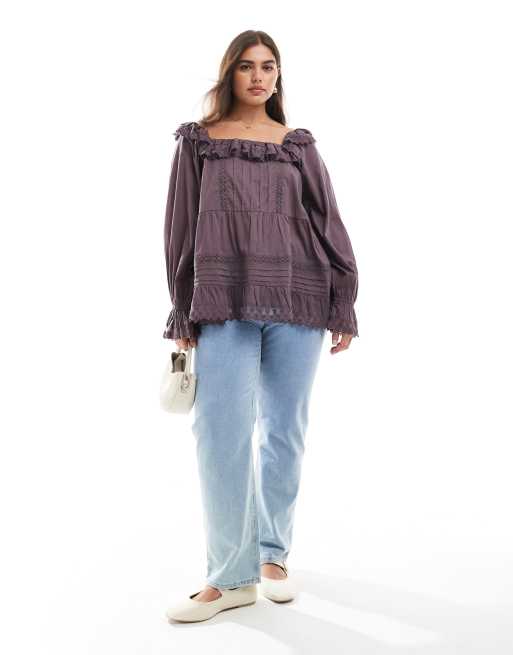 ASOS DESIGN Curve mixed lace and broderie square neck top in plum, 2 of 4
