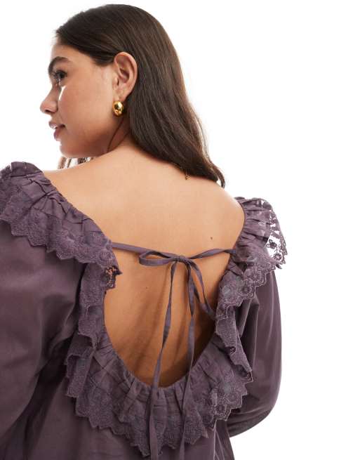 ASOS DESIGN Curve mixed lace and broderie square neck top in plum, 3 of 4