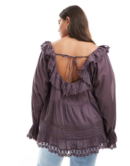 ASOS DESIGN Curve mixed lace and broderie square neck top in plum, 4 of 4
