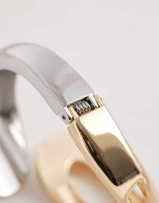 ASOS DESIGN Curve mixed metals cuff bracelet in gold tone and silver tone, 2 of 3
