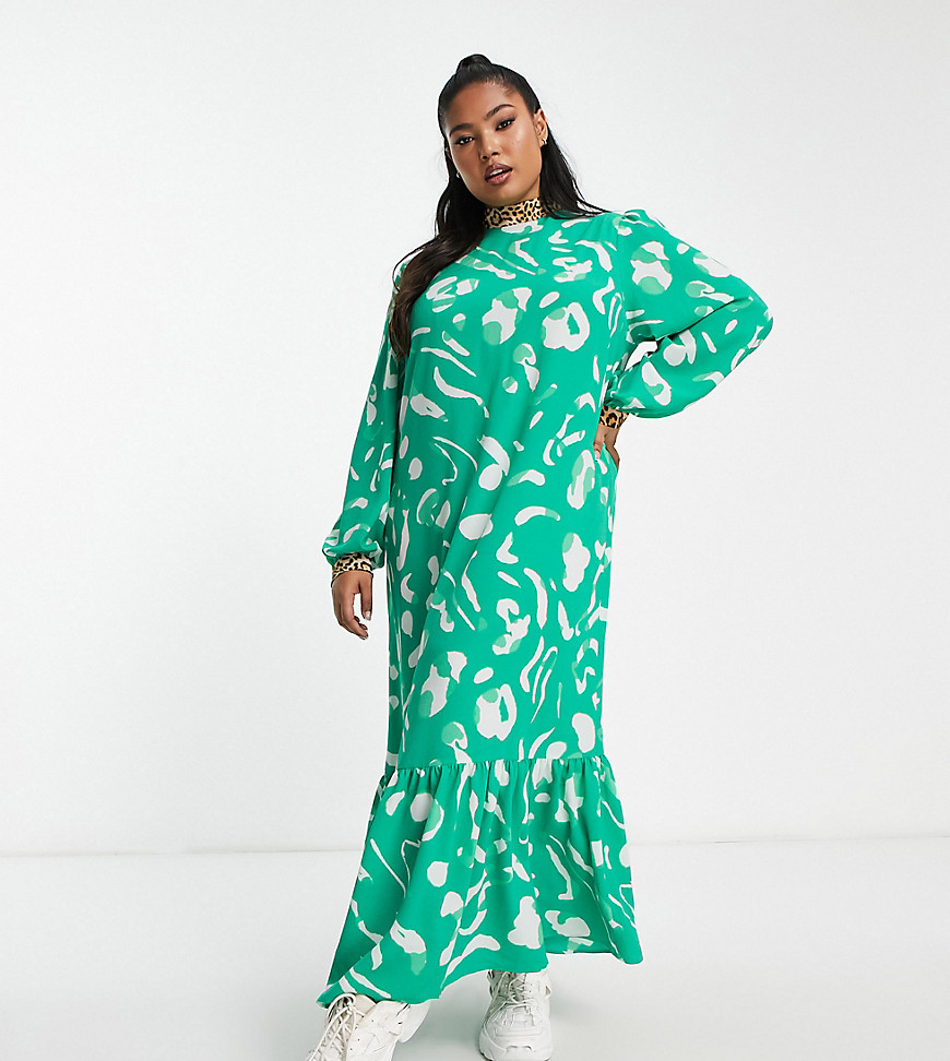 ASOS DESIGN Curve mixed print high neck smock maxi dress in green abstract print-Multi