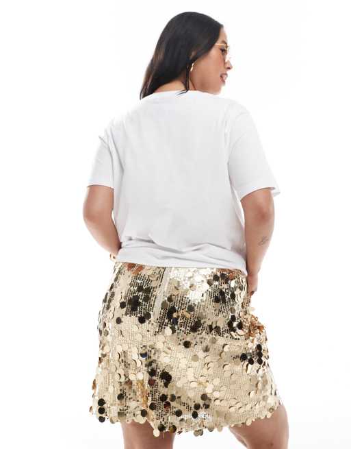ASOS DESIGN Curve mixed sequin mini skirt in gold, 3 of 5