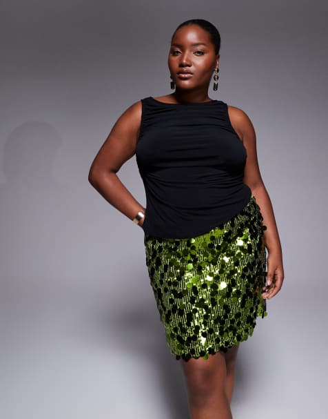 ASOS DESIGN Curve mixed sequin mini skirt in green - view 1