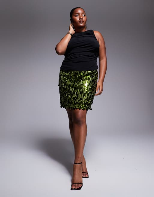 ASOS DESIGN Curve mixed sequin mini skirt in green, 3 of 5