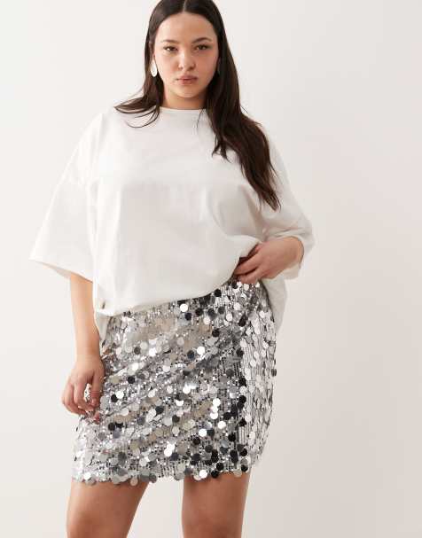 ASOS DESIGN Curve mixed sequin mini skirt in silver - view 1