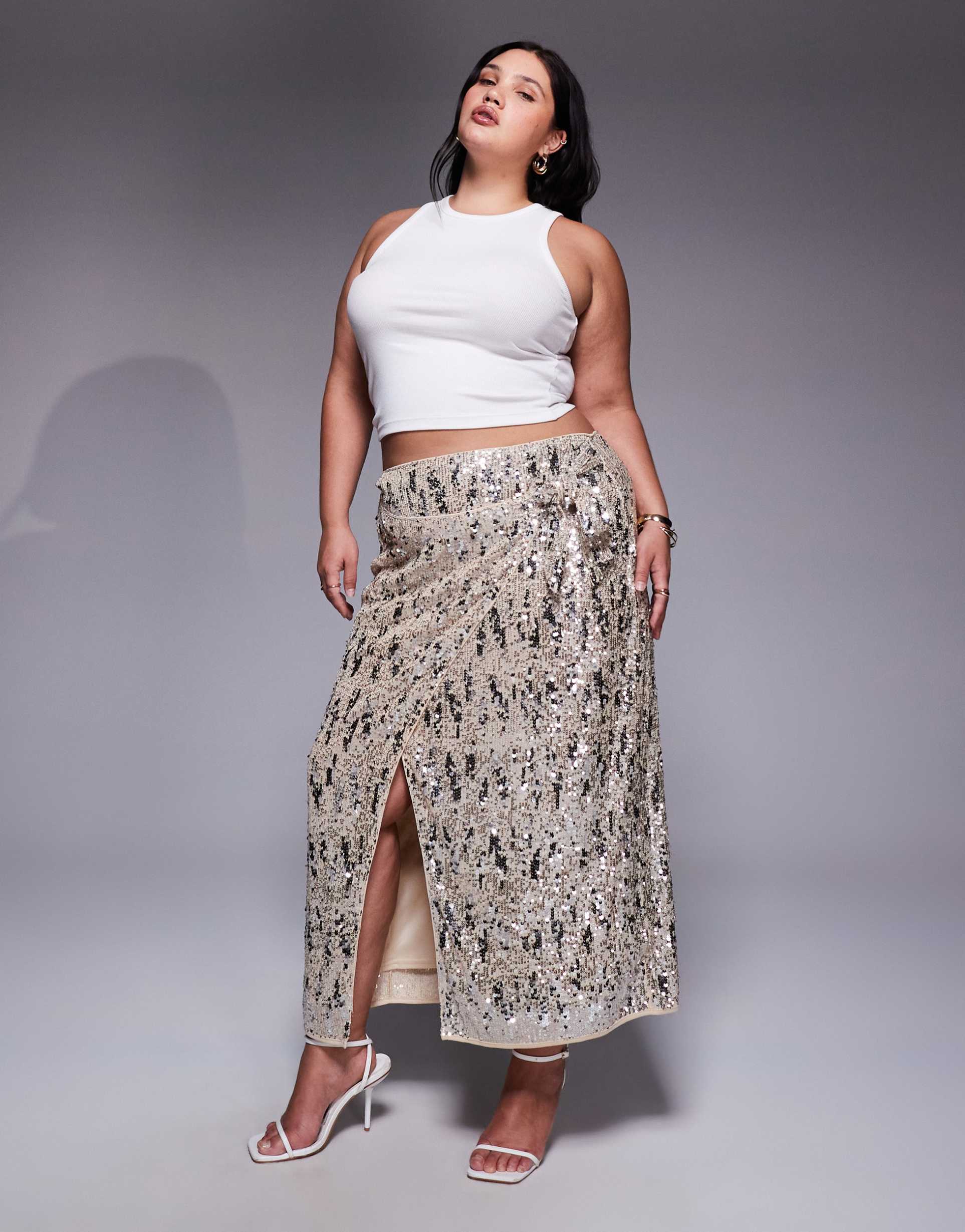 asos design curve mixed sequins wrap midi skirt in champagne