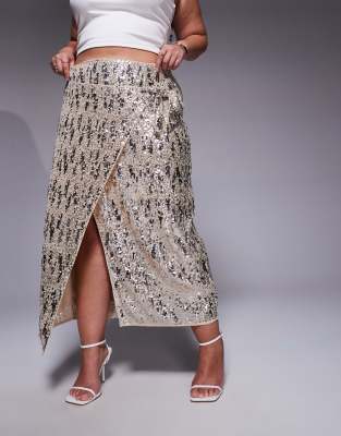 Asos Curve Asos Design Curve Mixed Sequins Wrap Midi Skirt In Gold