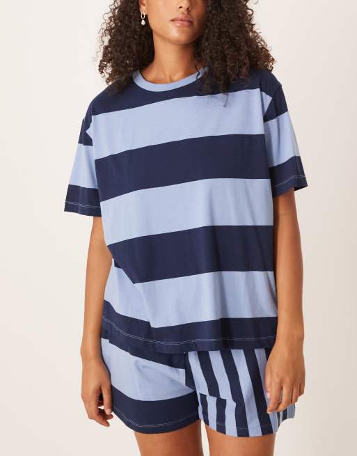 ASOS DESIGN Curve mixed stripe oversized tee and short pyjama set in navy, 2 of 4