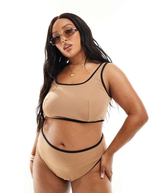 ASOS DESIGN Curve - Mochaccino-farvet bikinitop med kontrastbånd, 3 af 4